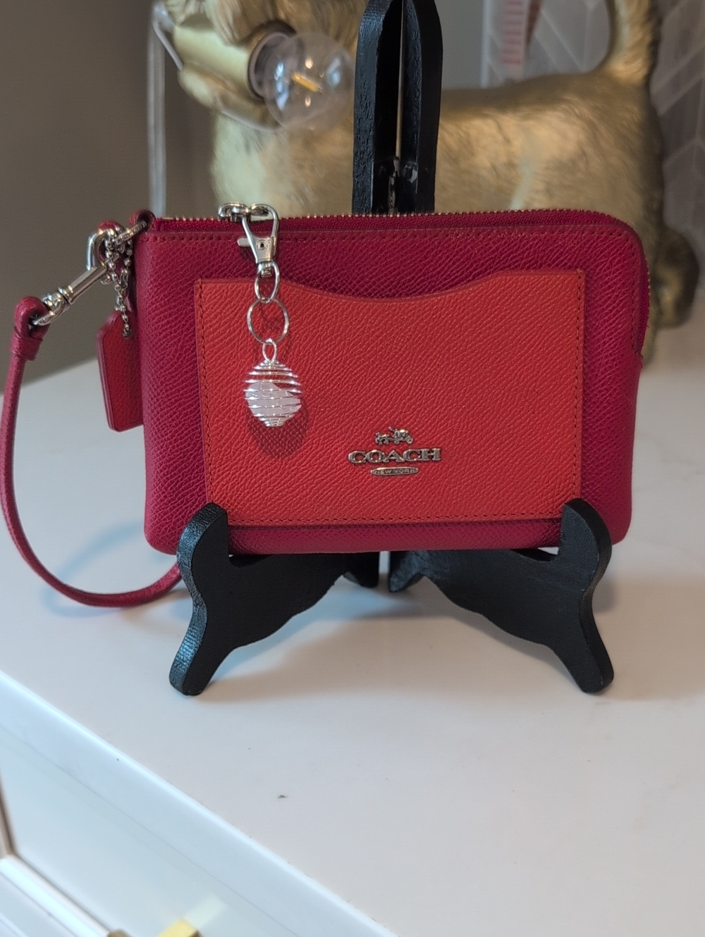 Coach Two-Tone Red & Poppy Leather Corner Zip Wristlet